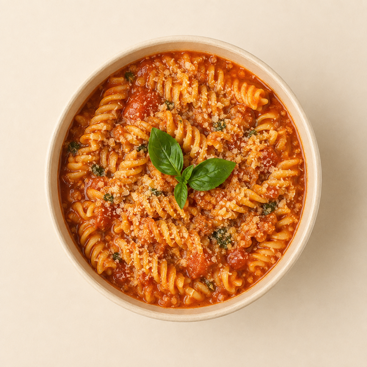Pomodoro de Sello de Casa en bowl kraft, vista cenital