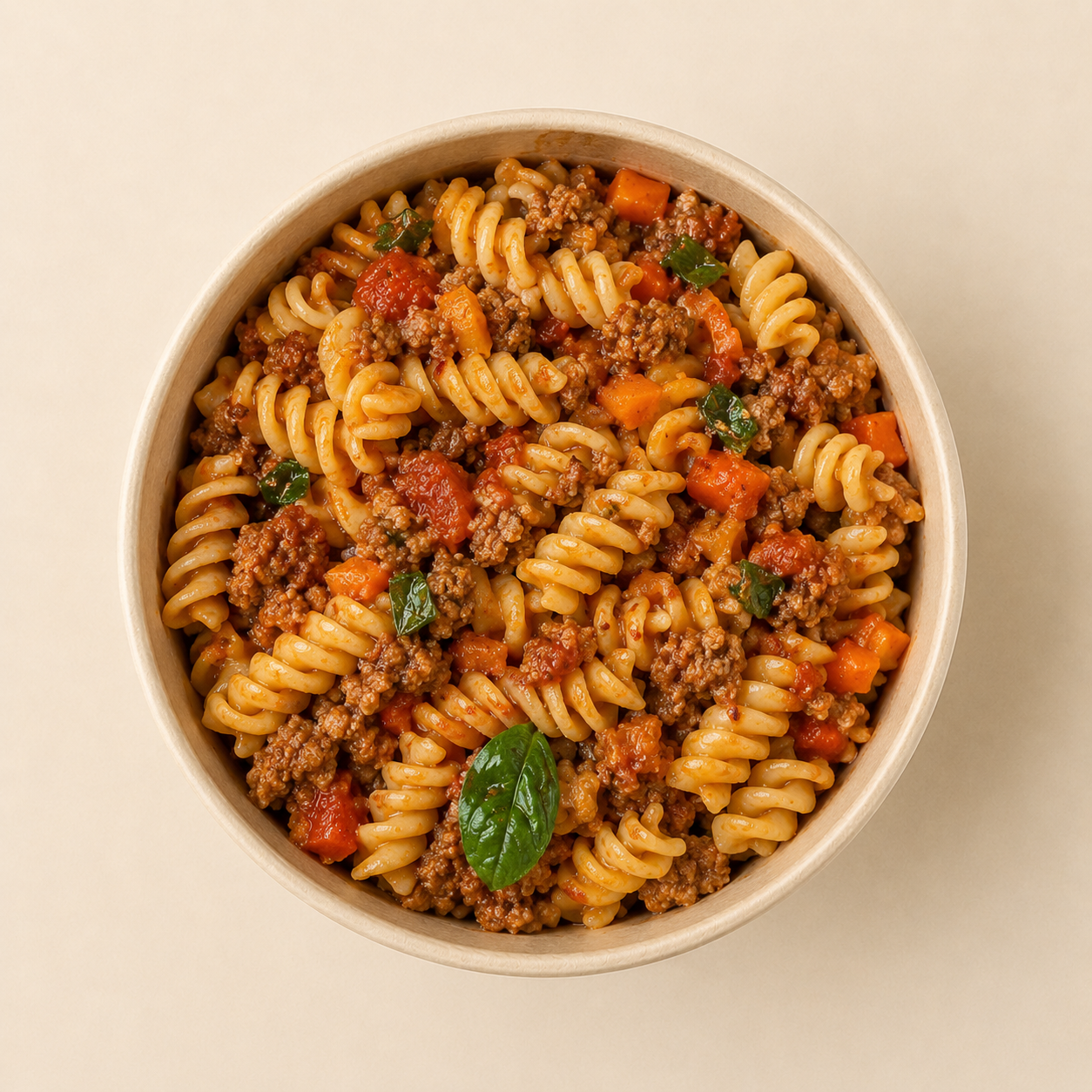 Bolognesa de Sello de Casa en bowl kraft, vista cenital